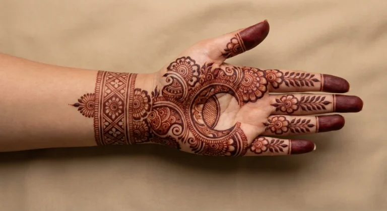Simple front hand Karwa Chauth mehndi design with elegant floral henna patterns