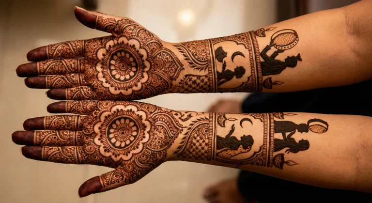 Simple traditional Karwa Chauth mehndi design with elegant floral henna patterns