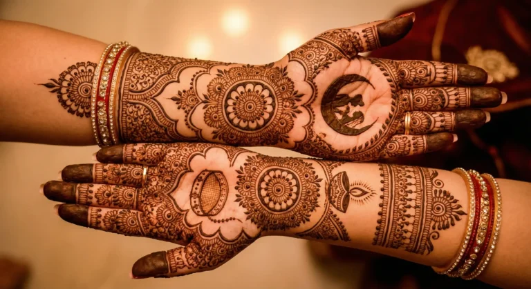 Stylish full hand Karwa Chauth mehndi design with elegant floral henna patterns