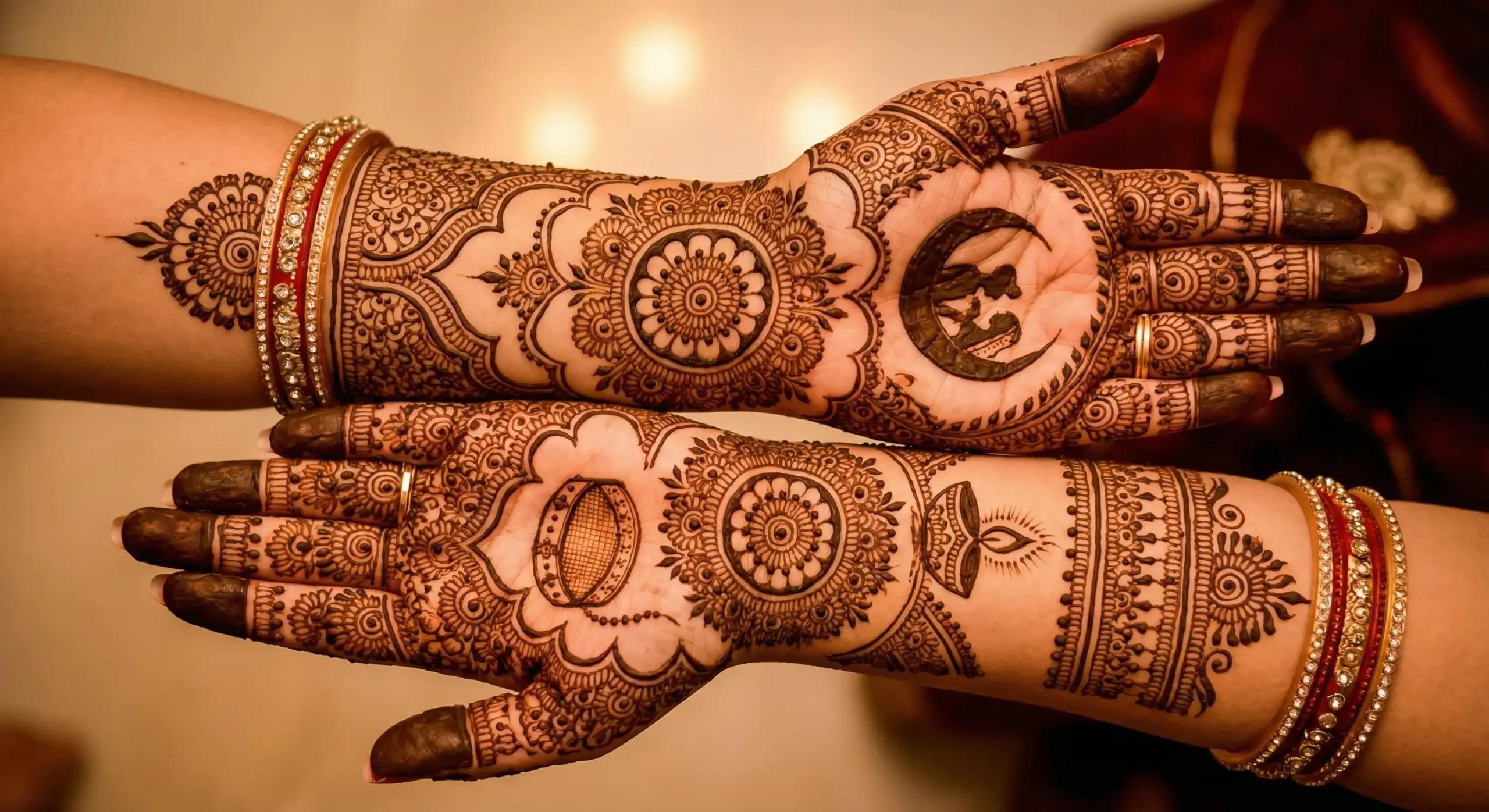 Stylish full hand Karwa Chauth mehndi design with elegant floral henna patterns