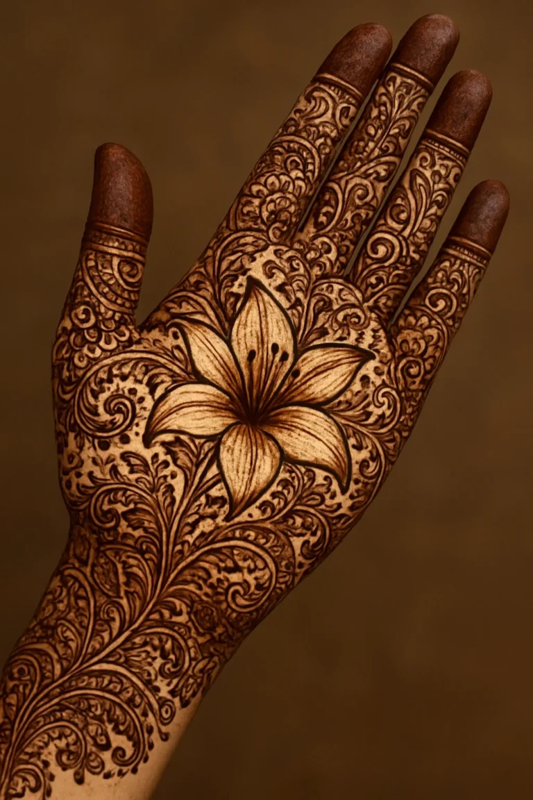 Modern Arabic floral mehndi design with stylish flower and vine henna patterns
