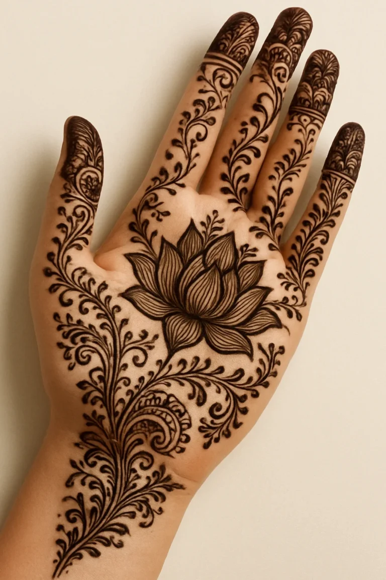 Modern Arabic floral mehndi design with stylish flower pattern and graceful henna details