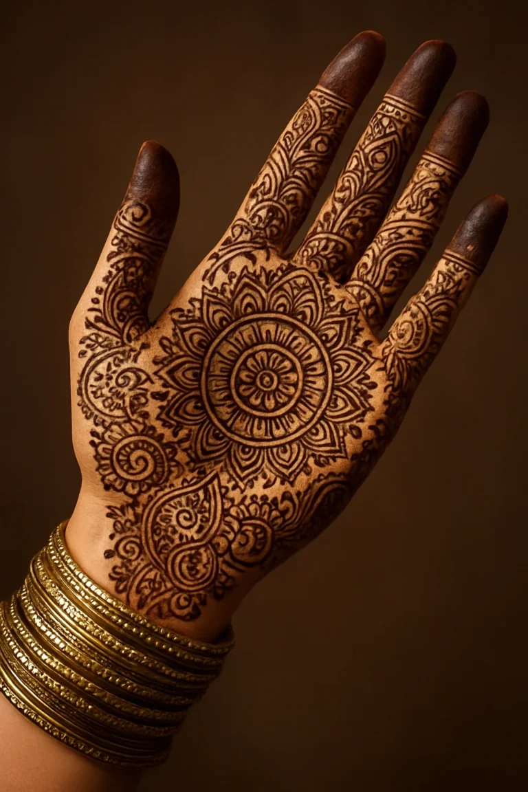 Beautiful modern Arabic mehndi design with decorative pattern details