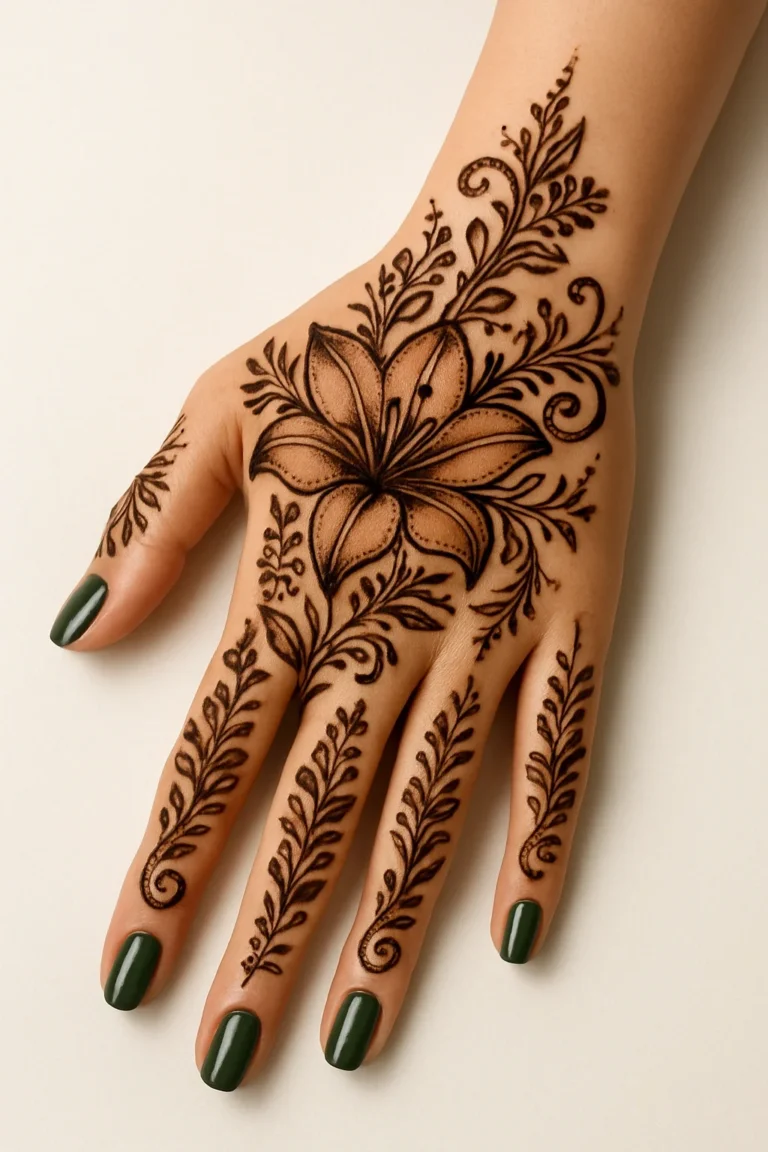 Stylish new henna design for back hand with graceful floral artwork