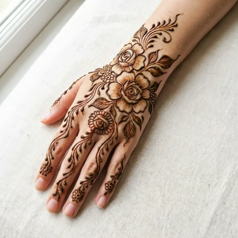 Latest bridal mehndi design with intricate floral and paisley henna patterns