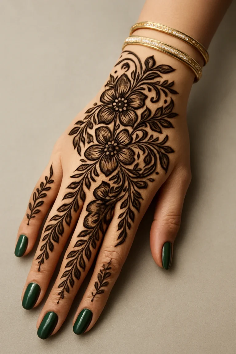 Beautiful new mehndi design featuring festive floral and decorative henna art