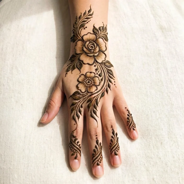 Simple new floral mehndi design featuring delicate flower and vine patterns