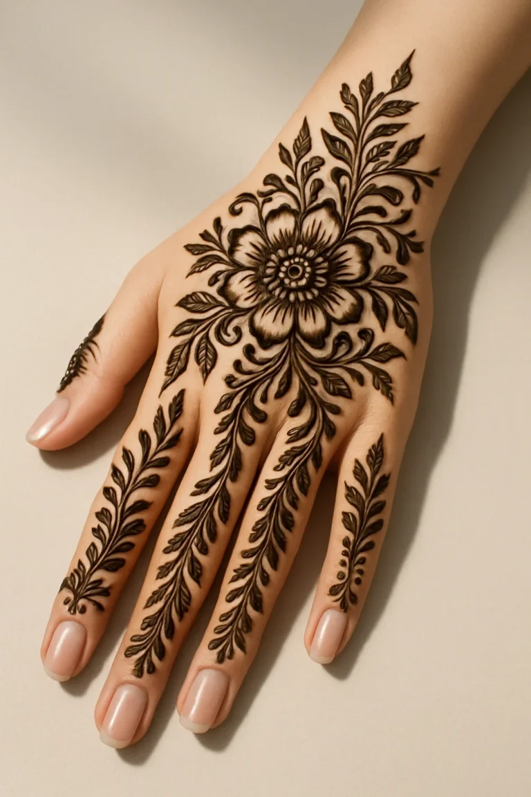 Latest floral finger pattern mehndi design with elegant henna artwork