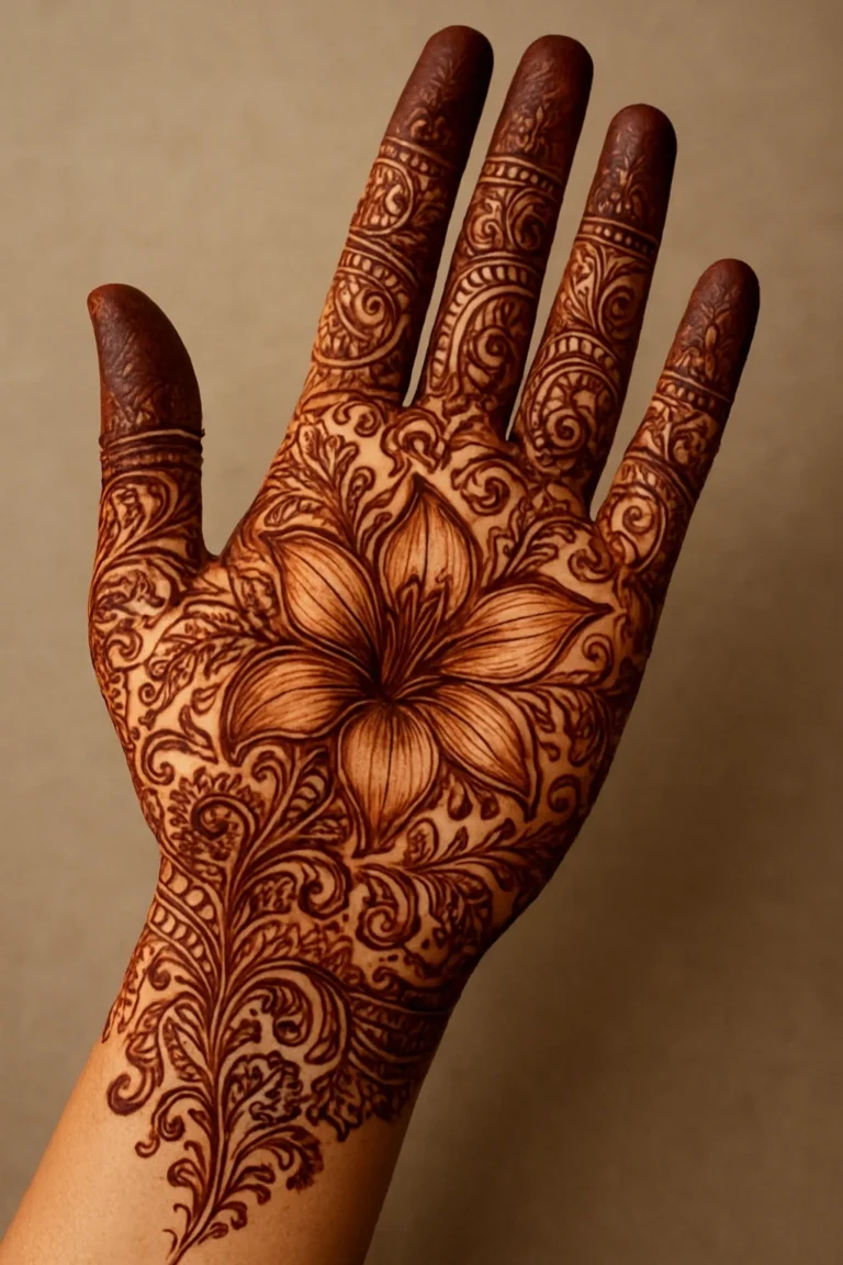 Beautiful new floral mehndi design featuring intricate flower pattern henna details