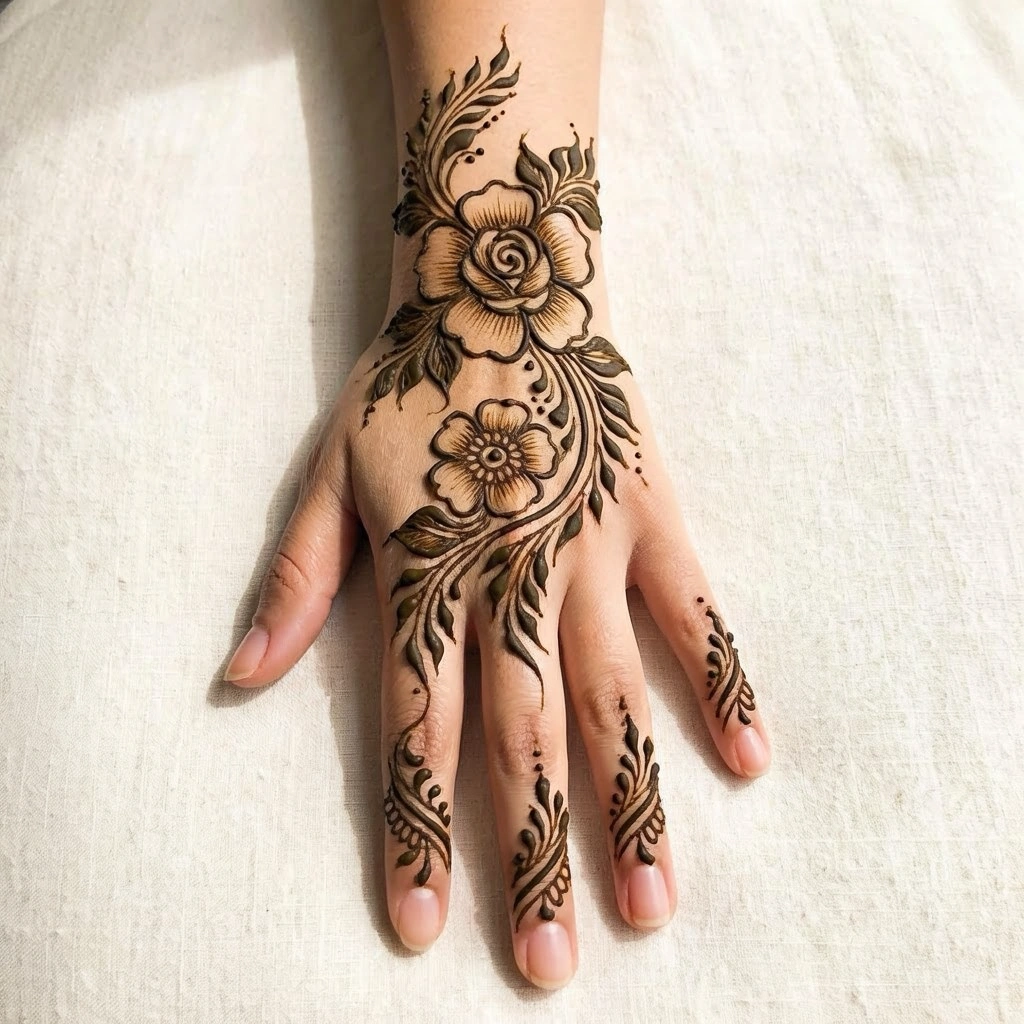Simple new floral mehndi design featuring delicate flower and vine patterns