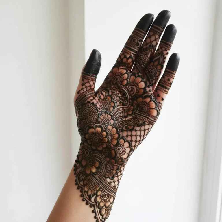 Latest flower chain mehndi design with elegant floral henna patterns