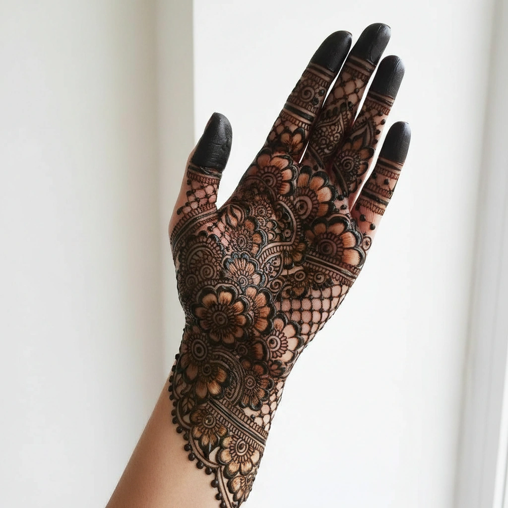 Latest flower chain mehndi design with elegant floral henna patterns