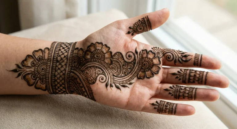 Beautiful new front hand mehndi design featuring intricate floral henna artwork