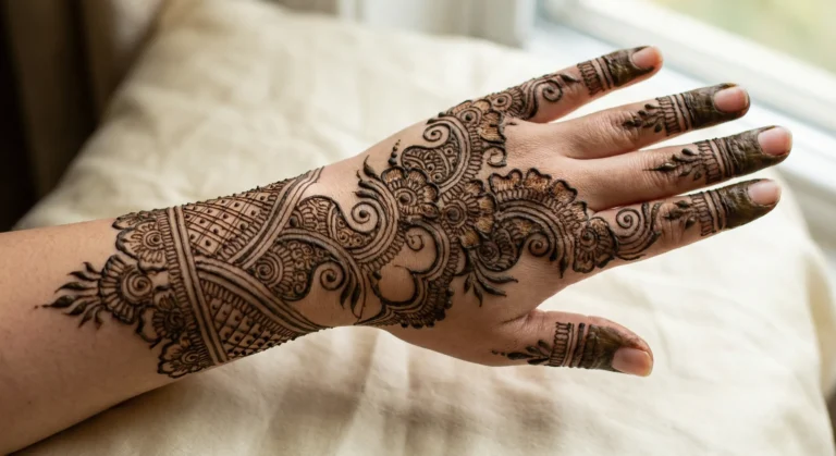 Beautiful new mehndi design featuring stylish hand decoration and floral henna artwork