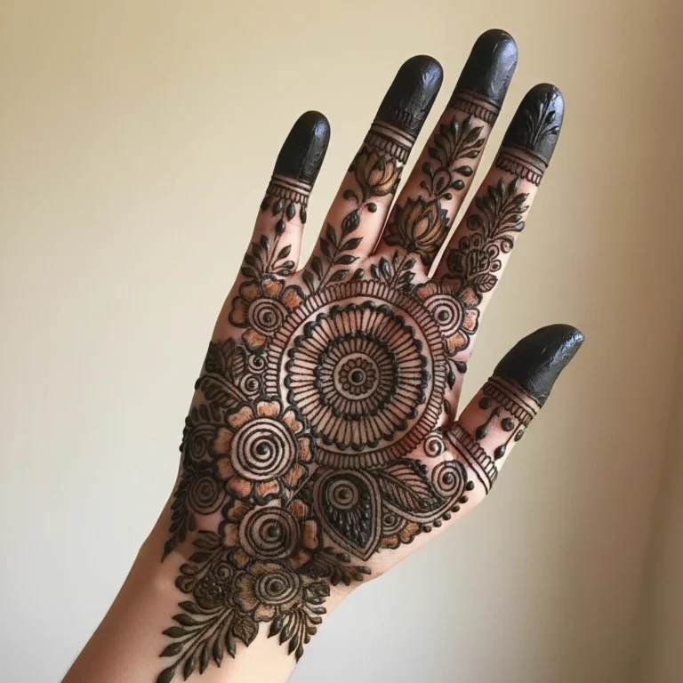 New leaf pattern mehndi design with elegant botanical henna artwork