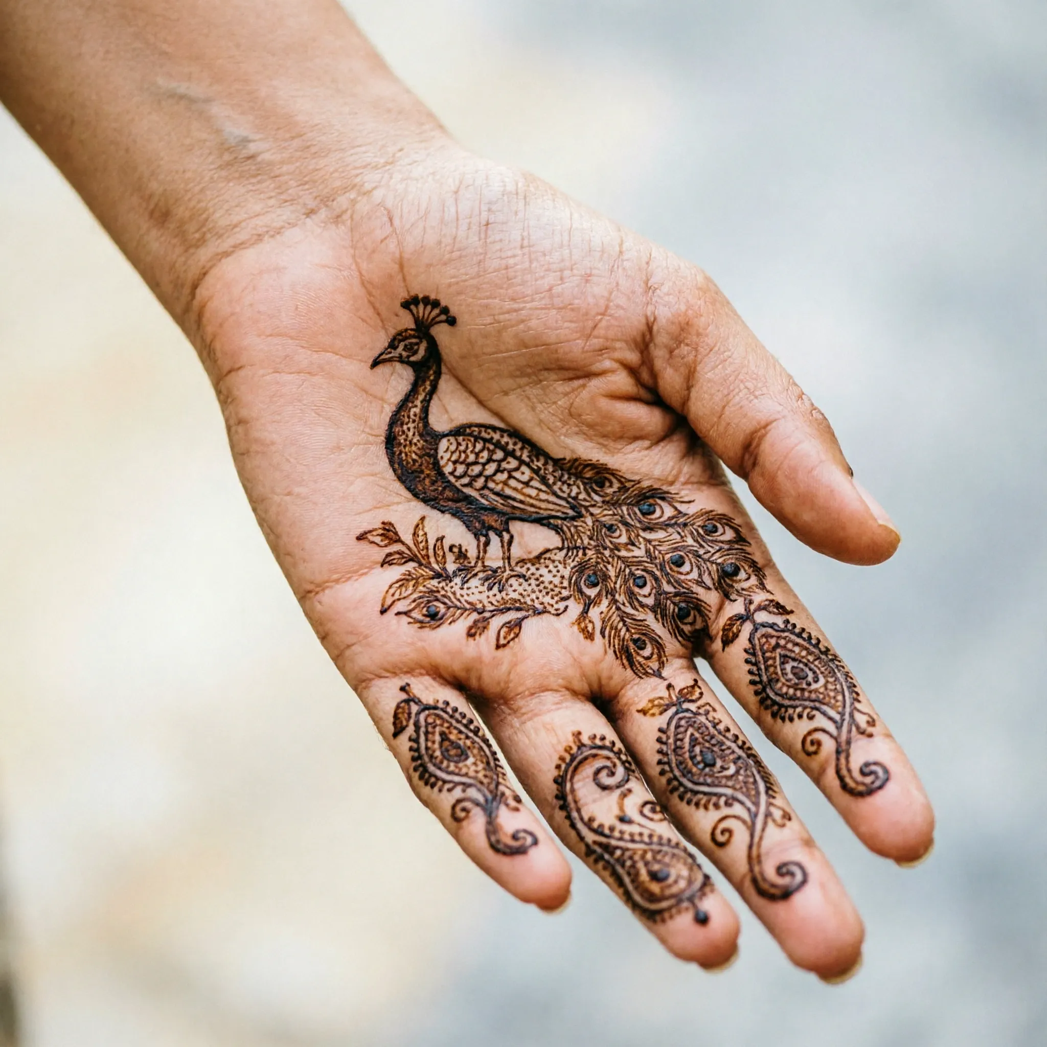 Beautiful new mehndi design featuring an intricate peacock pattern and floral henna artwork