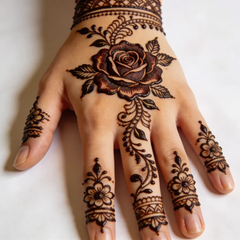 New rose floral mehndi design with elegant flower henna patterns