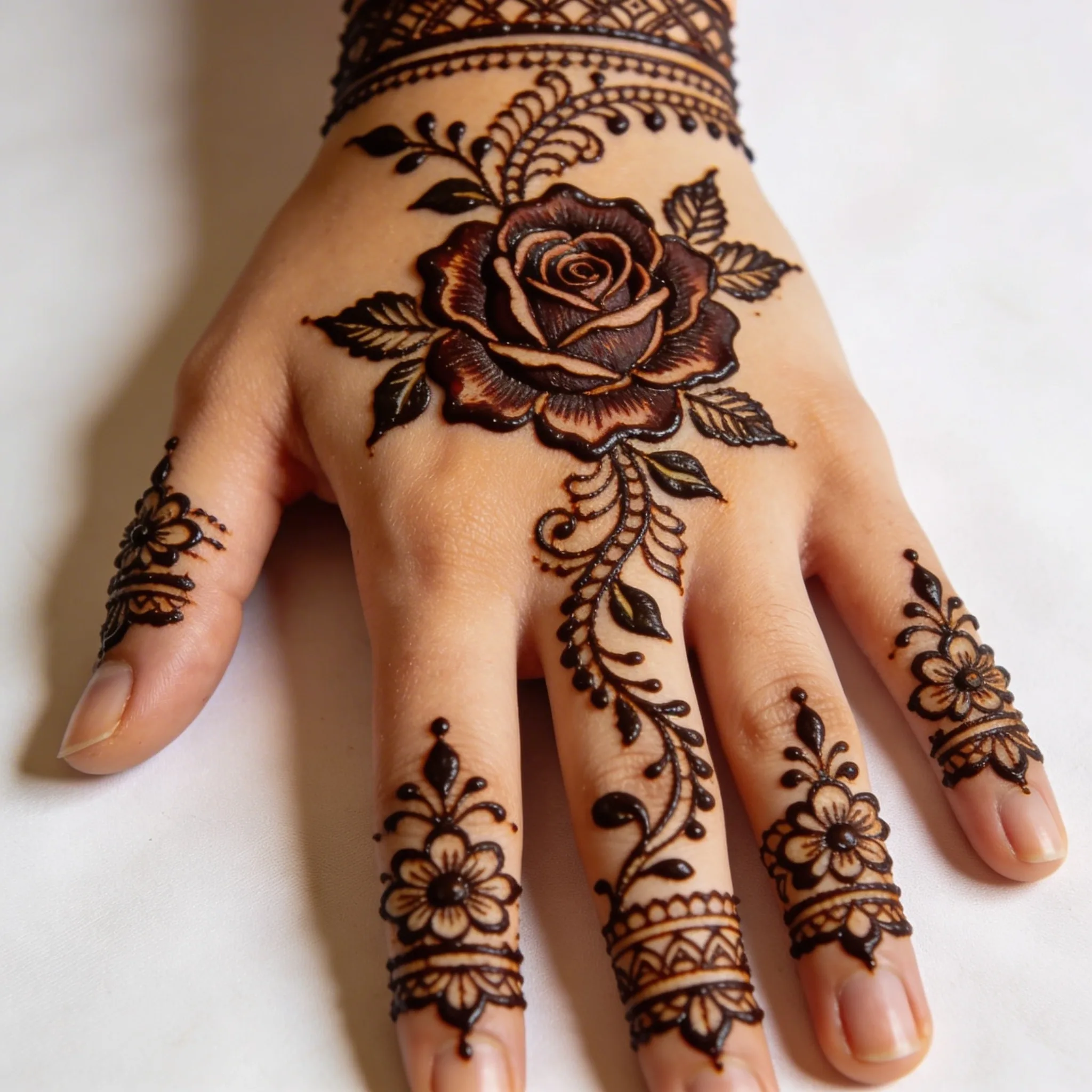New rose floral mehndi design with elegant flower henna patterns