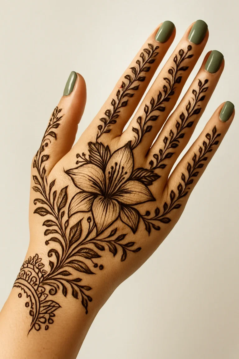 Beautiful new simple mehndi design featuring delicate floral henna artwork