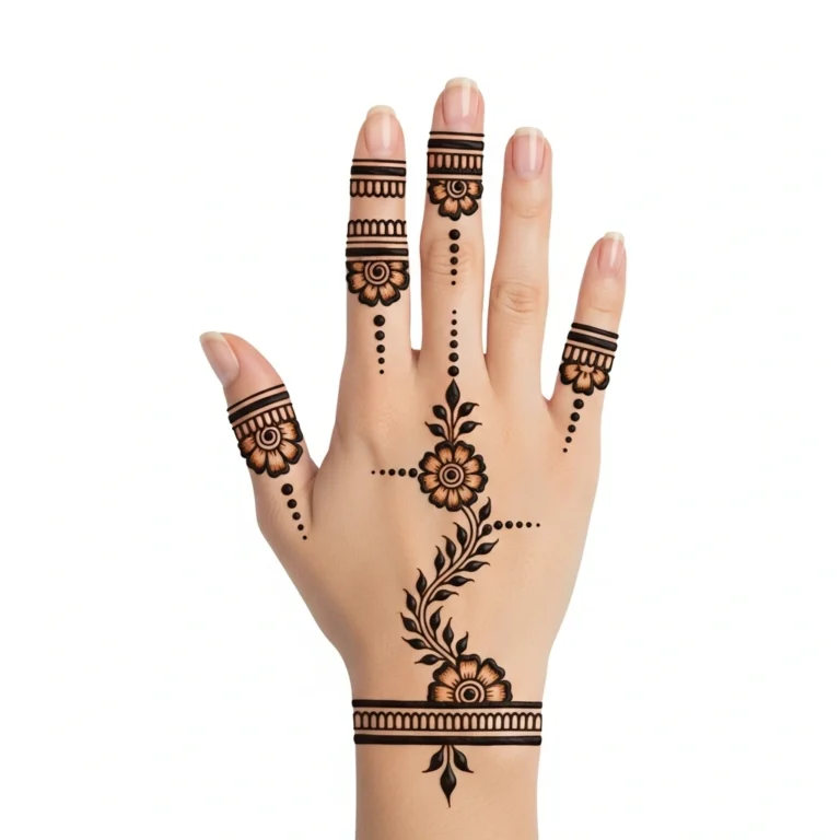 Beautiful simple back hand mehndi design featuring minimal henna artwork