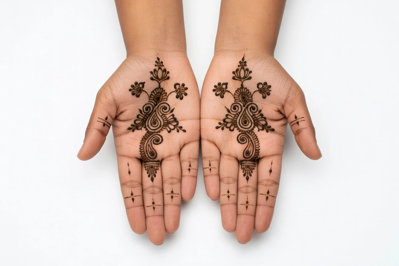 Elegant simple mehndi design featuring intricate floral and leafy henna art