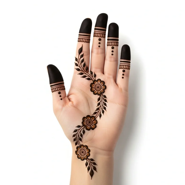 Beautiful simple front hand mehndi design featuring intricate floral henna artwork