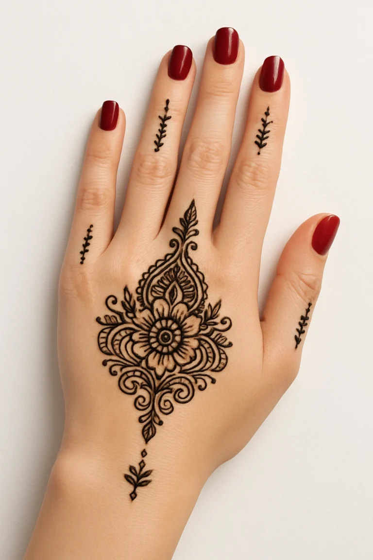 Beautiful simple minimal mehndi design featuring delicate floral henna patterns